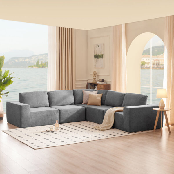 116-inch 5pc L-Shaped Square-Arm Polyester Modular Sectional Sofa Gray