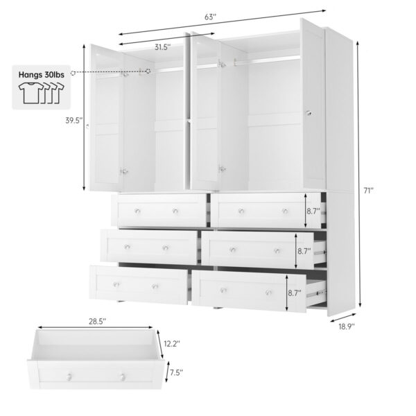 Sandrea 4-Door Wardrobe with Mirror - Closet Featuring 6 Drawers