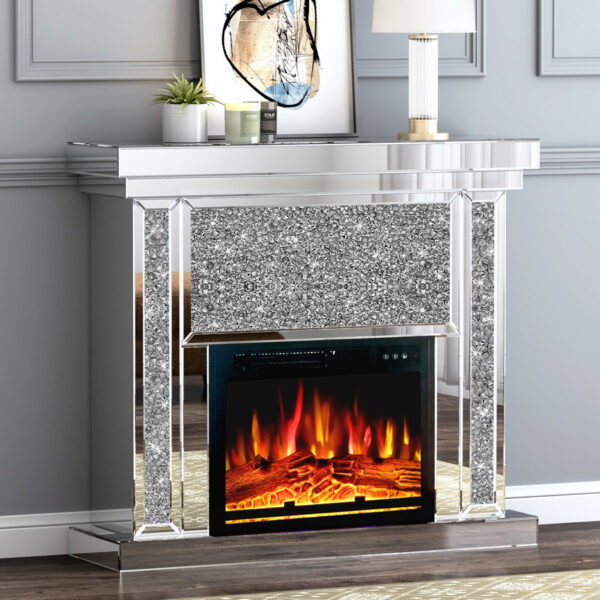 43" W Crushed Diamonds Mirrored Electric Fireplace Heater w/ LED Flame
