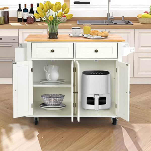 43.3" Wide Rolling Kitchen Island with Storage & Solid-Wood Top
