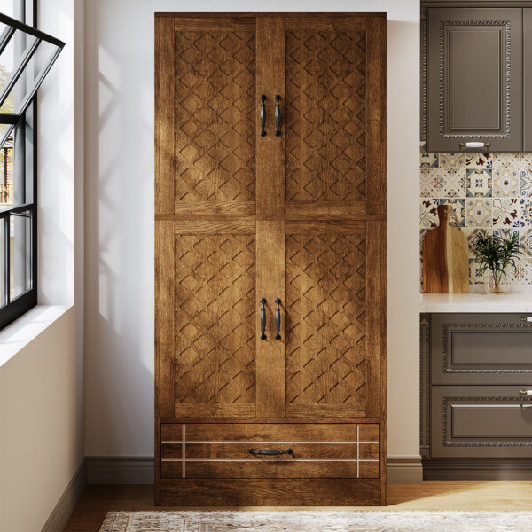 70" Tall Farmhouse-Style Wood Kitchen Pantry Cabinet w/Shelves&Drawers