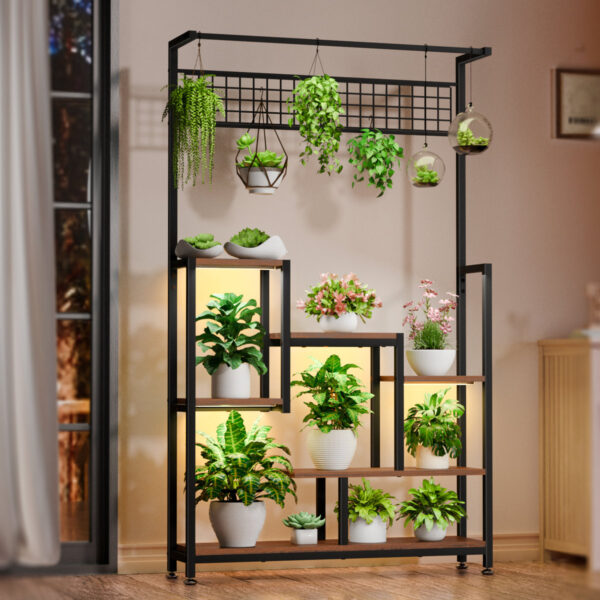 71" Tall 6-Tier Metal Indoor Plant Stand with Grow Lights - Black