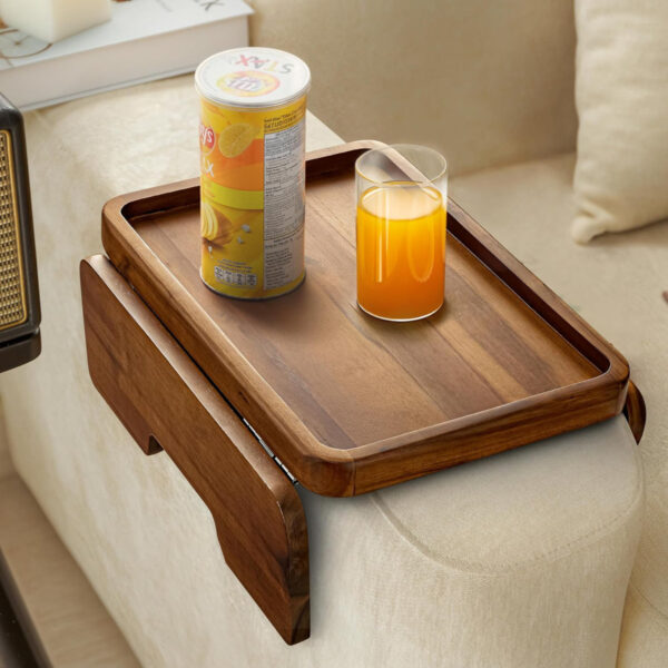 Acacia Wood Sofa Armrest Tray — Double-Hinge Sofa Arm Tray Table Clip