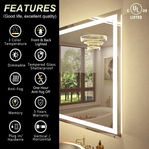 UL-Cert Dual LED Anti-Fog Tempered Glass Vanity Mirror, 3-Yr Warranty