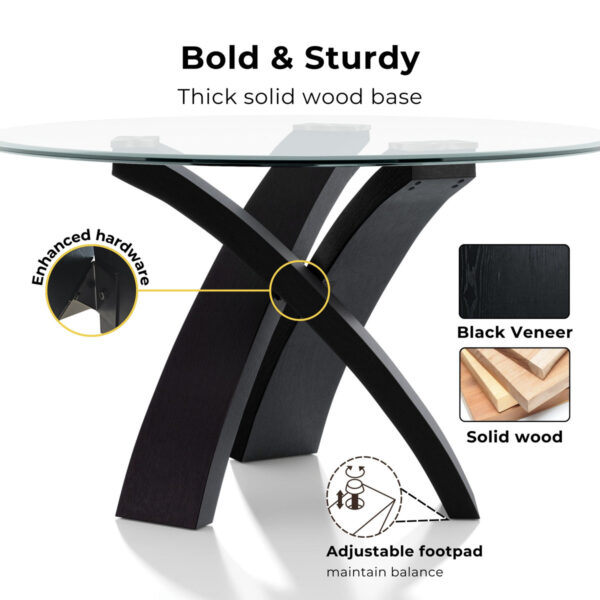 Airion Round Glass-Top Dining Table with Solid Wood Base, Modern