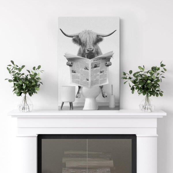 Funny Animals Bathroom Decor - Black & White Highland Cow Large Canvas