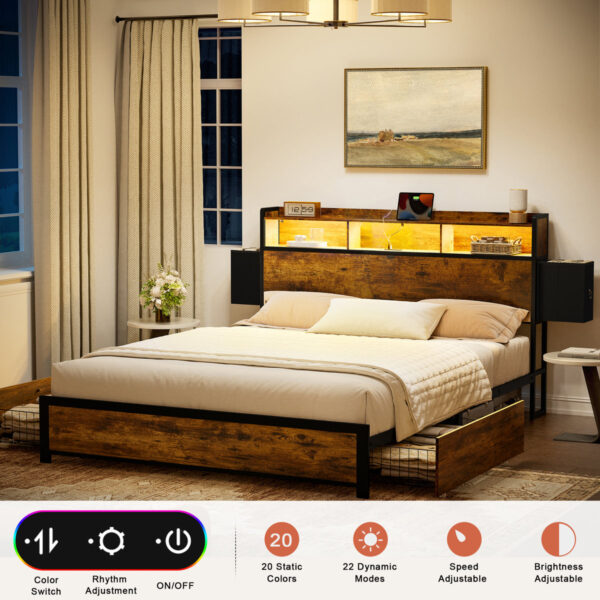 Antioch Queen Bed Frame - Platform Storage Bed with Drawers, USB & LED