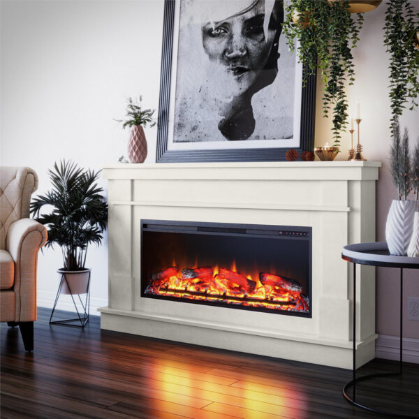 Ashmun Wide Mantel with Linear Electric Fireplace – Modern Style