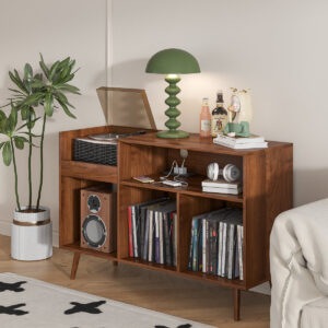 Stylish Record-Player Stand & Audio Rack with Charging Dock, USB Ports