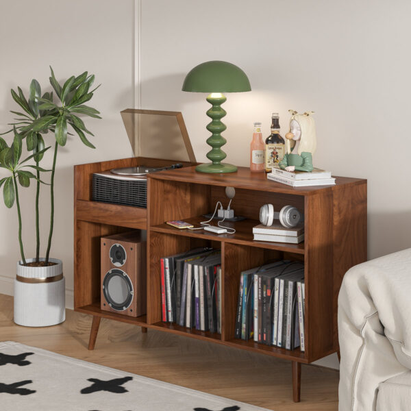 Stylish Record-Player Stand & Audio Rack with Charging Dock, USB Ports