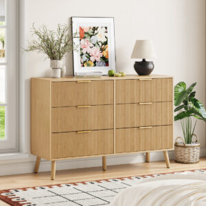 Boho Fluted Wooden 6-Drawer Dresser with Wave-Pattern & Gold Handles