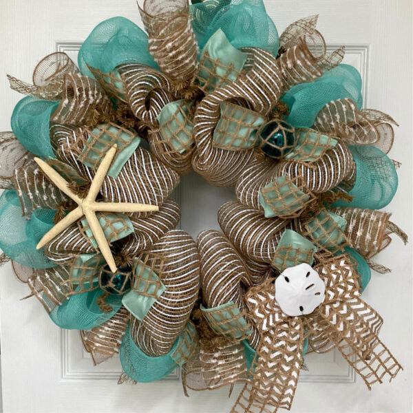 Beach Wreath with Nautical Balls, 24 inches - Handmade Deco Mesh