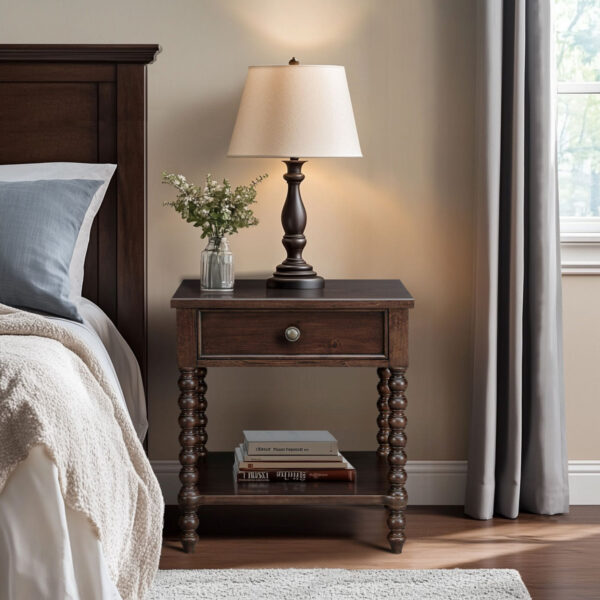 Beckett Turned-Wood Spindle Nightstand with Drawer & Open Shelf