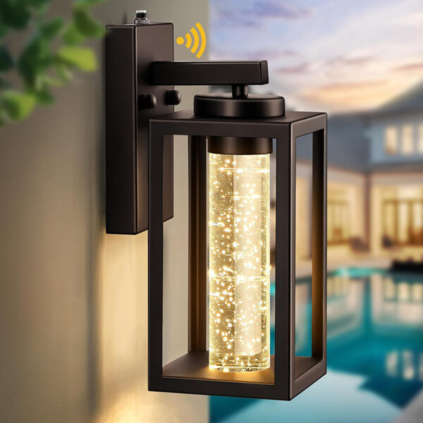 Black Outdoor Wall Sconce Dusk-to-Dawn LED with Crystal Bubble Glass
