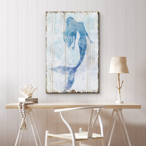 Blue Mermaid Wood-Effect Panel Nautical Beach Bathroom Canvas Wall Art
