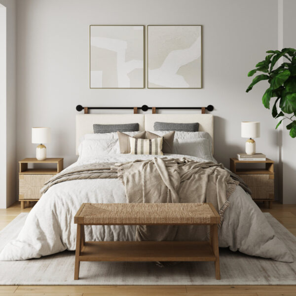 Bohemian Bedroom Nightstand Set with Bench, Solid Wood & Seagrass