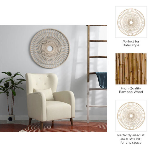 Boho Woven Bamboo, Wood and Rattan Wall Hanging - 36in White Wall Art