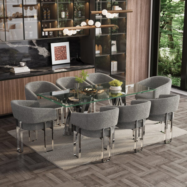 Boucle Grey Barrel Dining Chair with Arms, Mirror-Silver U-Shaped Legs