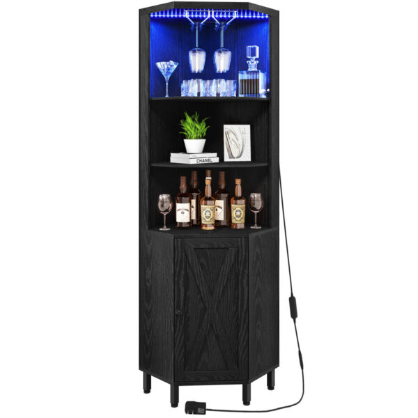 Breasia 67" Corner Bar Cabinet - 5-Tier Wine Storage LEDs & Glass Rack