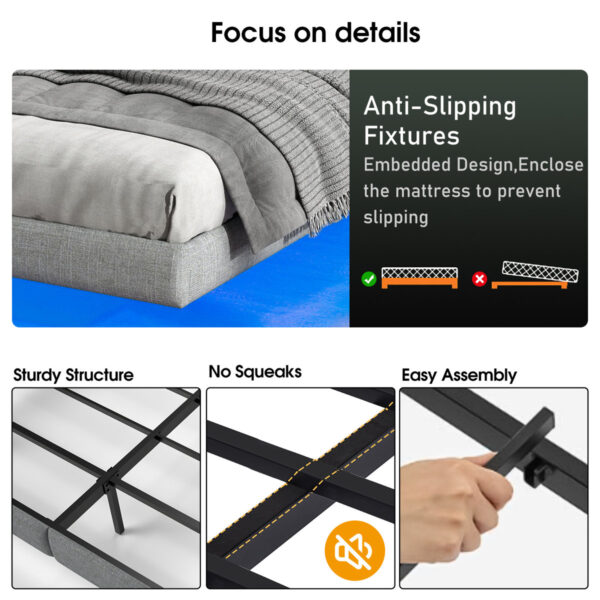 Cowen Floating Bed Frame, LED Lights, Under-Bed Storage, No Box Spring