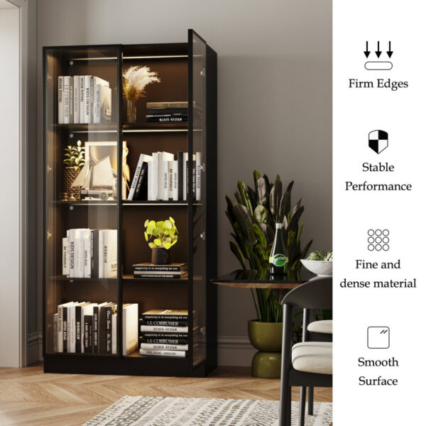 Display Storage Cabinet w/ Tempered Glass Doors, 4-Tier Pantry (Black)