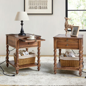 26" Solid Wood End Tables: Pull-Out Tray & Charging Outlets, Set of 2