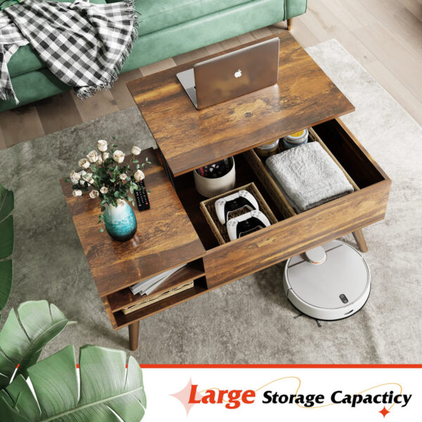 Eoghan Square Lift-Top Coffee Table, Adjustable Shelf, Solid Wood Legs