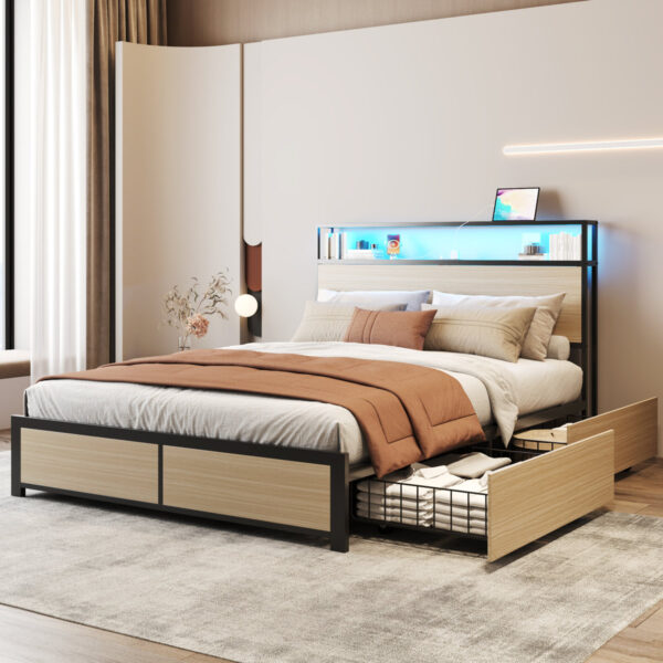 Eyve Metal Storage Bed with Bookcase - Queen Platform Bed, Storage
