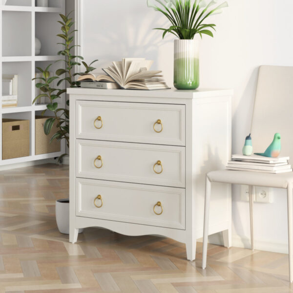 Farmhouse Fully Assembled White 3-Drawer Chest w/ Bronze Ring Handles