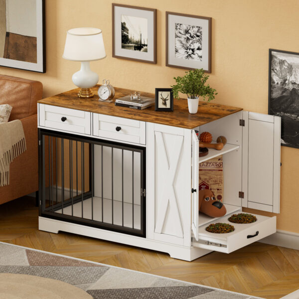 Gladine 2-Door Dog Crate Wooden House w/ 2 Drawers & Feed Station