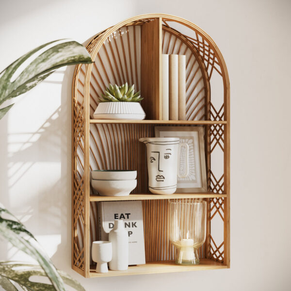 Harmony Arched Rattan Boho Tiered Wall Shelf - Rustic Entry Decor