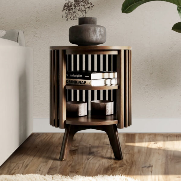 Klever End Table with Storage | Round Mid-Century Side Table