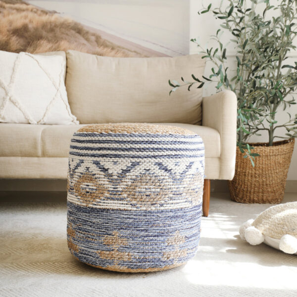 Lanore Modern Coastal Geometric Jute & Cotton Upholstered Ottoman Pouf