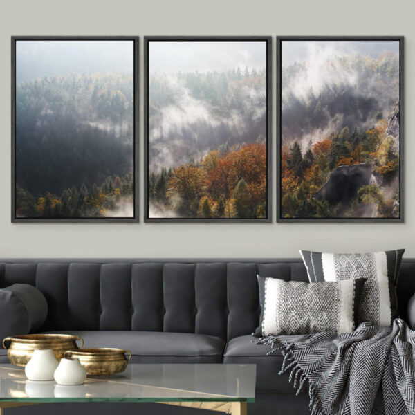 Misty Forest Landscape - IDEA4WALL 3-Piece Framed Canvas Wall Art