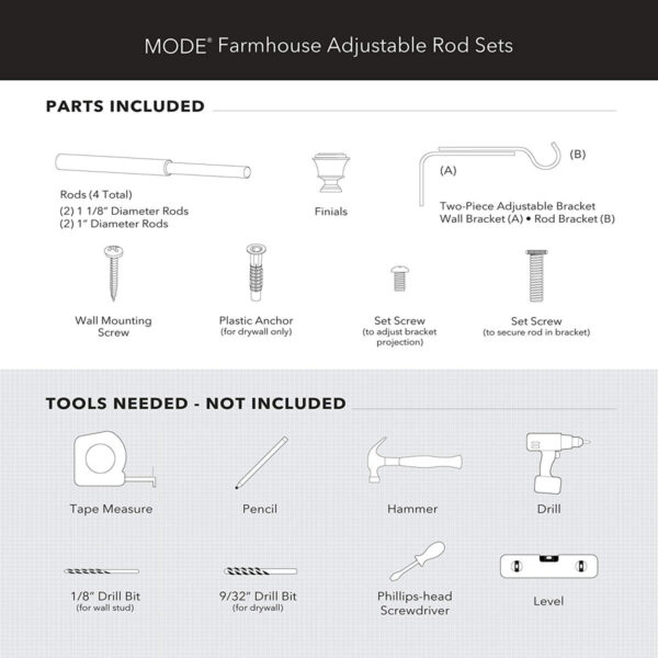 Mode Farmhouse 1-1/8-inch Curtain Rod Kit - Steel, Doorknob Finials