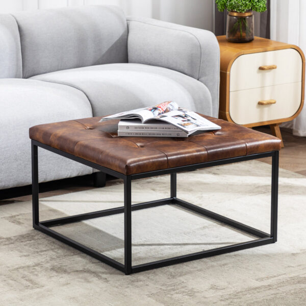 28.1" Industrial Faux Leather Ottoman Coffee Table w/ Metal Frame
