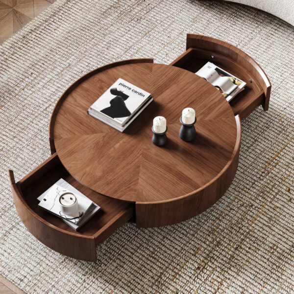 Industrial Walnut Round Coffee Table w/Drawers - Living Room & Office