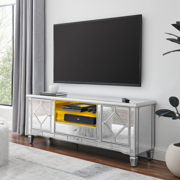 Silver Mirrored TV Stand w/ LED, Drawers & Storage Cabinets for 65" TV