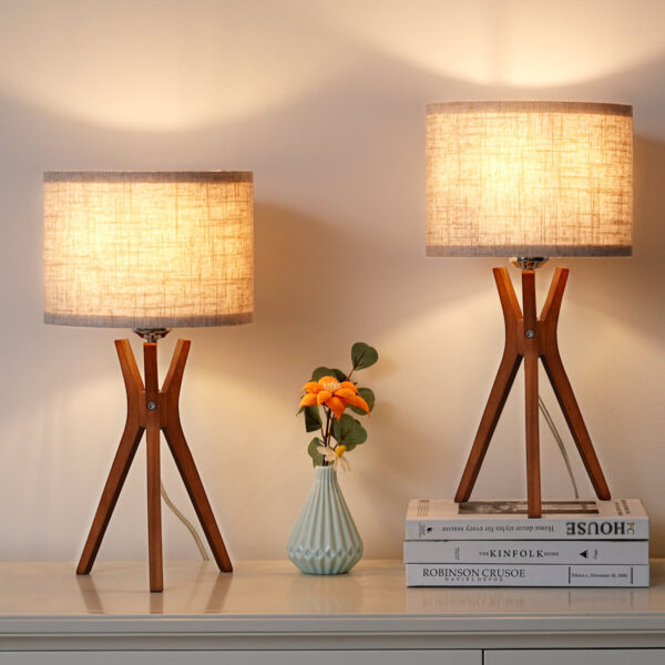 Solid Wood Table Lamps (Set of 2) – Rustic Bedside Lamps, Dimmable