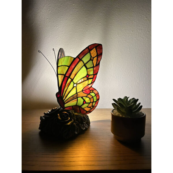 Tiffany Butterfly Mini Night Table Lamp, Green/Red Stained Glass, 10in