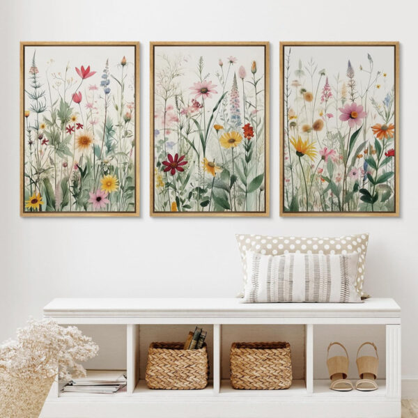 Vibrant Wildflower Green Floral Boho Framed Canvas 3-Piece Wall Decor