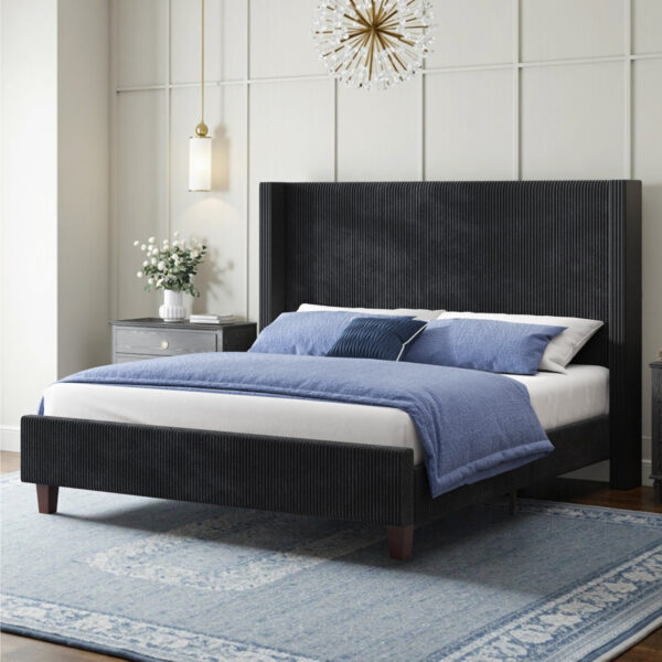 Wauseon Corduroy-Upholstered Bed | Modern Tufted Queen Platform