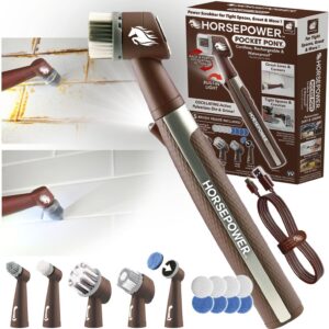 Horsepower Pocket Pony, AS-SEEN-ON-TV, Waterproof, Cordless, Pocket-Sized, Oscillating Power Scrubber, Deep Clean, Tight Spaces, Rechargeable, Grout Lines, Corners & Detailing, 5 Brush Heads & LED